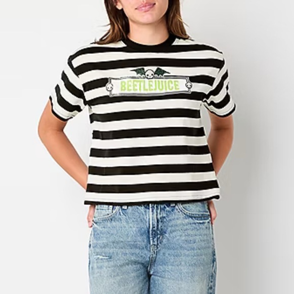 Beetlejuice Tops - Beetlejuice Black & White Striped Glitter Skull Short Sleeve Tee Size Small